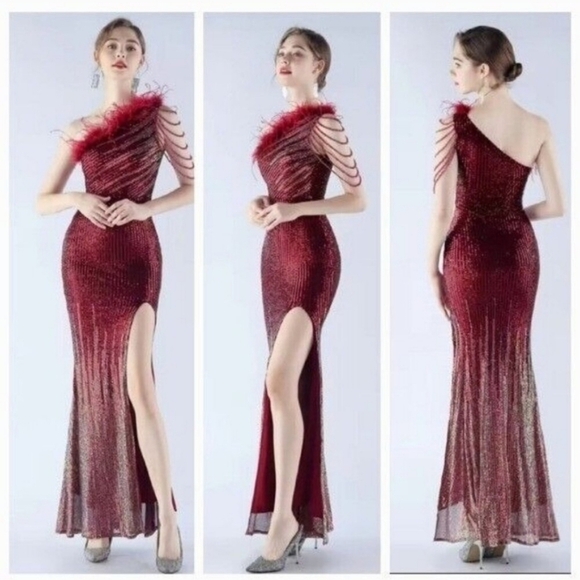Crimson, One Shoulder Beaded,  Feather Neckline,  Sleeveless,  Sequined Gown - Picture 14 of 14
